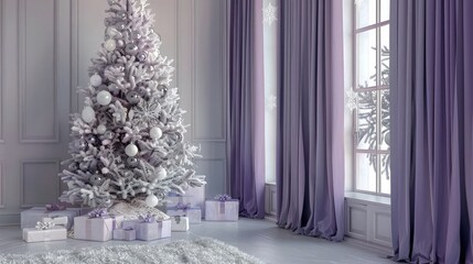 Wall Mural - An elegant Christmas room in soft lavender, with matching lavender curtains and a tree decorated with white and silver baubles, adding a touch of refined grace.