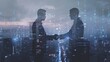 © Photock Agency - Silhouettes of Two Men Shaking Hands Against a City Skyline