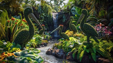 Wall Mural - An exotic garden featuring topiaries shaped like various birds and animals, surrounded by tropical plants and flowers, with a small, hidden waterfall.