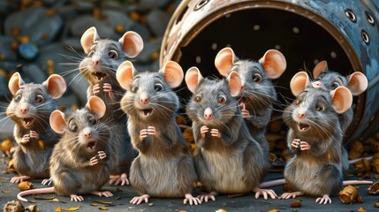a vibrant digital illustration of several animated rats with joyful expressions standing in front of