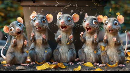 a group of animated rats standing with surprised expressions, surrounded by fallen autumn leaves. th