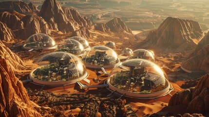 A group of domes on a desert landscape. Extraterrestrial colony concept