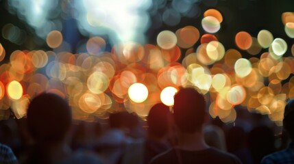 Wall Mural - Blurry lights dance across the faces of the openair theatre attendees.