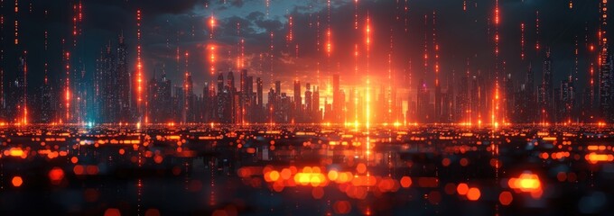 Wall Mural - Futuristic Cityscape with Red Lights and Bokeh