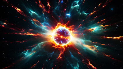 Wall Mural - Create an abstract image of a supernova explosion with a central burst of intense light and vibrant cosmic colors radiating outward