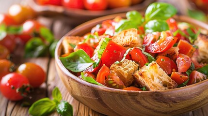 Tasty Italian salad panzanella on wooden table with fresh tomatoes