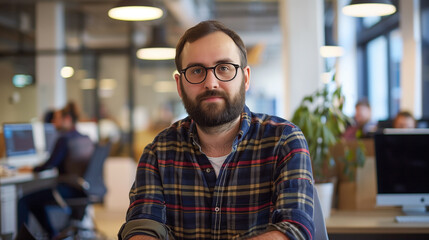 Poster - portrait of social media manager working in modern office, smiling man in office