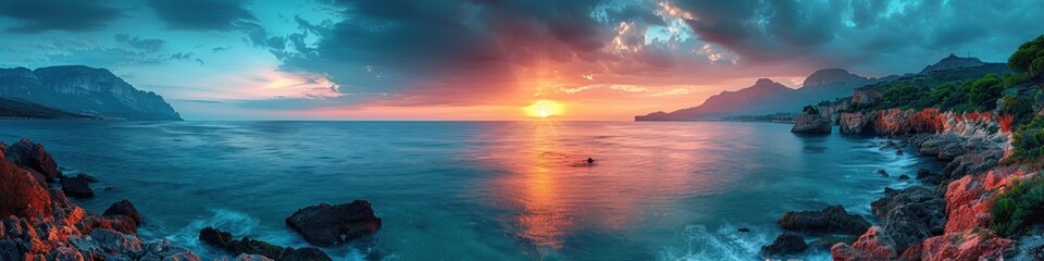Sunset Over the Mediterranean Sea with Rocky Coastline