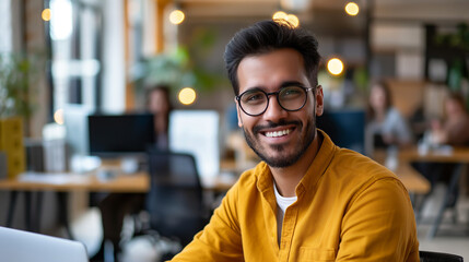 Poster - portrait of social media manager working in modern office, smiling man in office