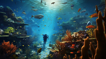 Wall Mural - Vibrant Underwater Coral Reef Scene with Colorful Tropical Fish and Lush Marine Life in Clear Blue Ocean Waters