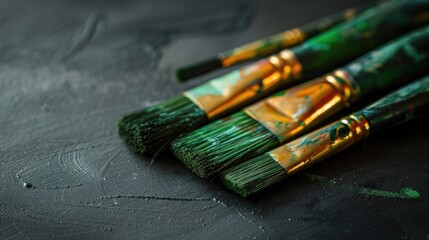 Canvas Print - Green wooden paint brushes for oil or watercolor painting on black background with copy space