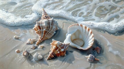 Poster - Various mollusc shells are scattered on the sandy beach, creating a beautiful pattern. These natural materials originate from the water and terrestrial animals AIG50