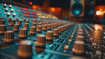 Canvas Print - colorful music audio mixing board in closeup of a recording, audio track background in a dark recording, industrial machinery aesthetics, multimedia, selective focus, brightly colored