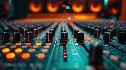 Wall Mural - colorful music audio mixing board in closeup of a recording, audio track background in a dark recording, industrial machinery aesthetics, multimedia, selective focus, brightly colored