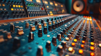 Canvas Print - colorful music audio mixing board in closeup of a recording, audio track background in a dark recording, industrial machinery aesthetics, multimedia, selective focus, brightly colored