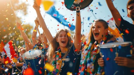 Wall Mural - A jubilant crowd celebrates with musical instruments, smiles, and confetti in a stadium, adding to the happy atmosphere of this entertaining event. AIG41