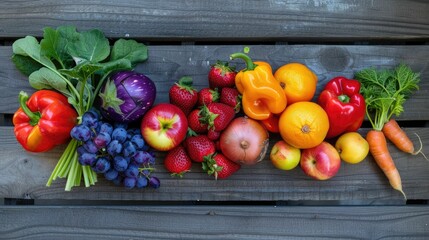 Wall Mural - A hardwood table decorated with an assortment of fresh fruits and vegetables, capturing the beauty of local, whole foods in a stunning still life photography AIG50
