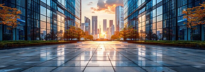 Wall Mural - Sunset View Between Modern Skyscrapers