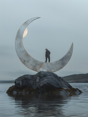 Wall Mural - Man stands on crescent moon in center of lake under sky