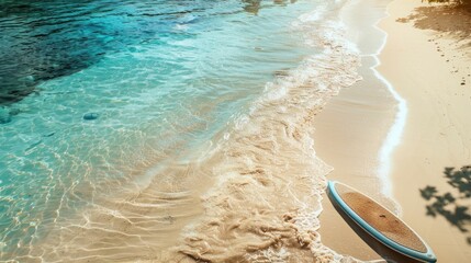 Canvas Print - A surfboard rests on the sandy beach, overlooking the azure waters of the ocean under a clouddotted sky in this picturesque natural landscape AIG50