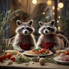 two raccoons sit on a table with a plate of food and a plate of food