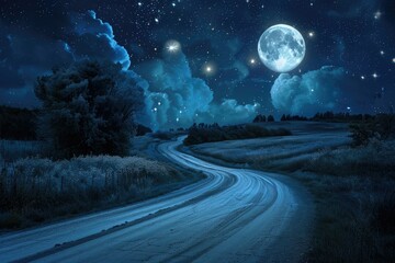Wall Mural - Night road with full moon and stars landscape