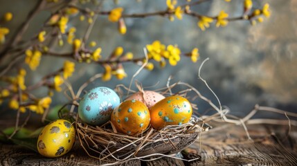 Wall Mural - Decorated Easter eggs on a rustic background