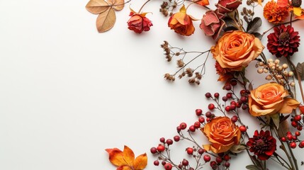 Poster - Autumn themed composition with dried roses and berries on white backdrop