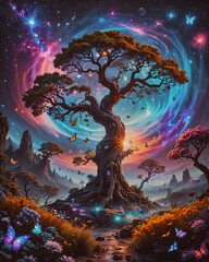 Wall Mural - a fantasy landscape at night with vibrant colors.