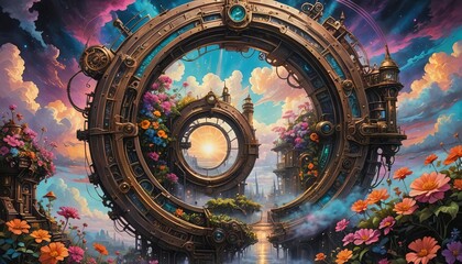 Wall Mural - A steampunk portal in the sky with flowers. 