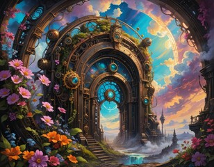 Wall Mural - A steampunk portal in the sky with flowers. 