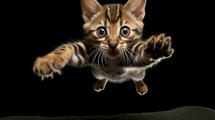 Wall Mural - Pouncing bengal kitten in a playful leap, capturing feline grace