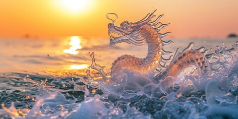 Poster - Early in the morning on a warm summer, a water dragon appeared in the splash of a wave