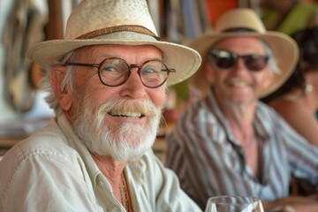 Wall Mural - Portrait of happy senior man with glasses and hat sitting at table in cafe