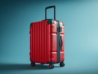 Poster - Crimson Hued Suitcase Poised in Serene Azure Backdrop Elegant Travel Essentials Highlighted