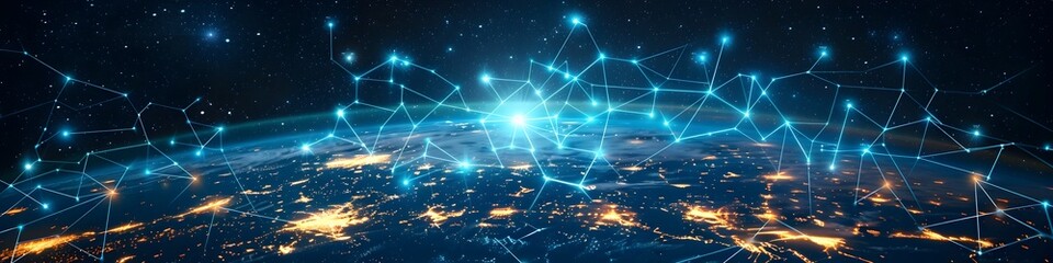Poster - Glowing Earth with Pulsing Digital Network of Interconnected Continents against Cosmic Backdrop
