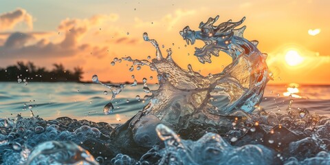 Poster - Early in the morning, in the rays of dawn in a warm summer, a cheerful water dragon appeared in the splash of a wave