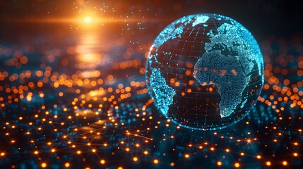 Poster - Pulsating Global Network Illuminating Shimmering Sphere in Boundless Digital Expanse