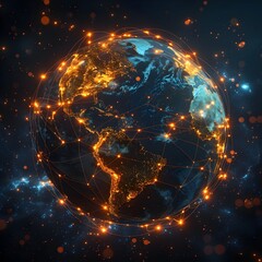 Poster - Glowing Digital Globe with Interconnected Network on Cosmic Background
