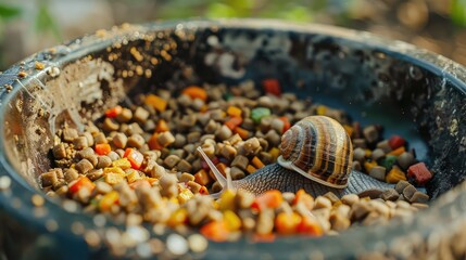 Snails were eating leftover pet food in the dish