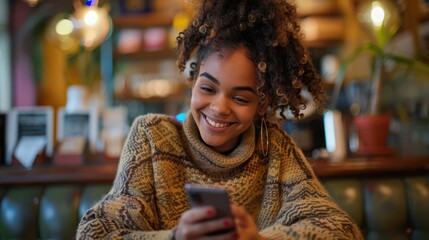 Wall Mural - A woman is sitting on a couch and smiling while looking at her cell phone