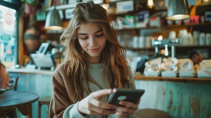 Wall Mural - A woman is sitting at a table in a cafe, looking at her cell phone