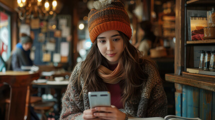 Wall Mural - A woman is sitting at a table in a cafe, looking at her cell phone