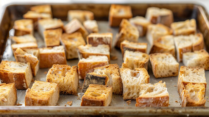 Wall Mural - Crispy Roasted Bread Cubes on a Baking Tray for Homemade Croutons Concept