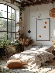 Poster - A mockup of a simple white frame against a bright natural lit background in a spacious industrial style loft bedroom with modern chic decor and high contrast elements