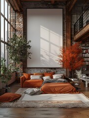 Poster - Elegant white frame mockup in a modern spacious loft bedroom with industrial chic decor and natural lighting showcasing an avant garde minimalist