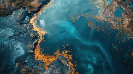 A blue ocean with a yellowish brown substance floating on top