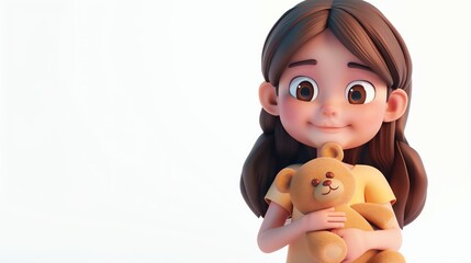 Poster - A 3D cartoon girl is holding a teddy bear.