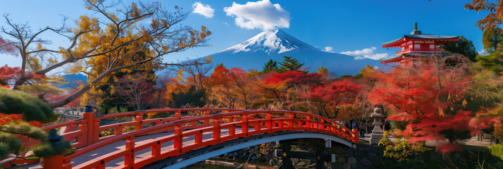 Wall Mural - Japanese Architecture: Red Bridge and Mount Fuji in Fall Season