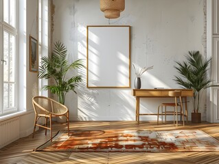 Poster - Minimalist White Frame Mockup in Bright Open Home Office with Contemporary Bauhaus inspired Decor and Natural Light